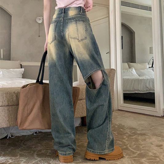 Damen Weite Denim-Hose Asymmetrische Knöpfe Blau Eveloria - Eveloria