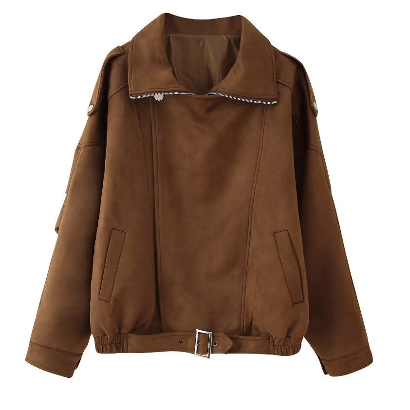 Damen Kunstlederjacke Modisch Breiter Kragen Taillengürtel