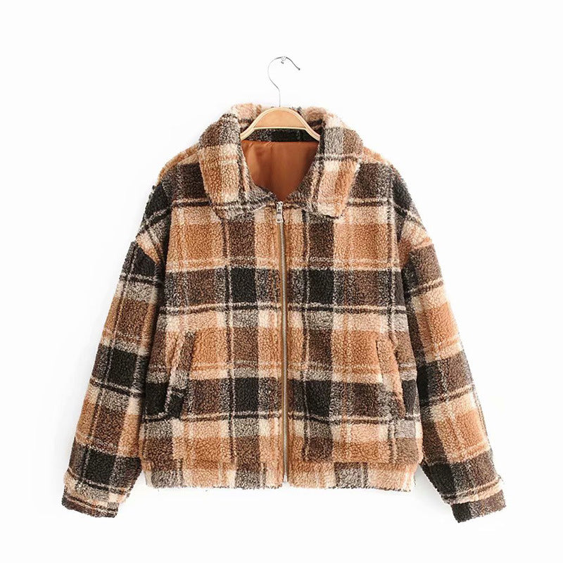 Damen Flanelljacke Karierter Stoff Kuschelig Beige
