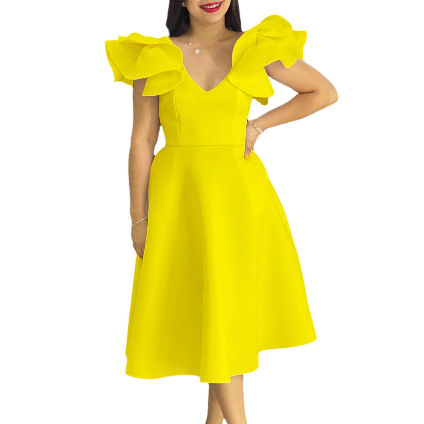 Damen Midi-Kleid Voluminöse Rüschenärmel Weit Schwingender Rock