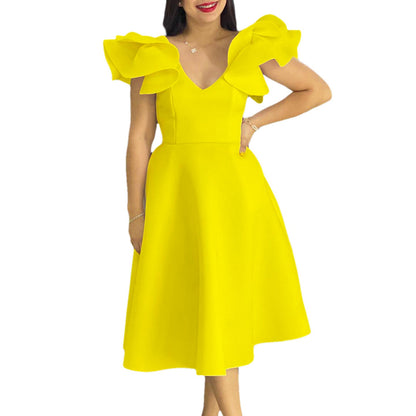 Damen Midi-Kleid Voluminöse Rüschenärmel Weit Schwingender Rock
