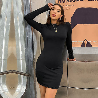 Damen Minikleid Figurbetont Hohler Kragen Langer Arm Eveloria