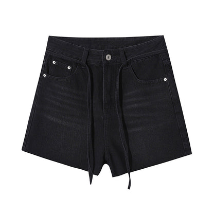 Damen Highwaist Jeansshorts Dekoratives Schnürdetail Fransiger Saum
