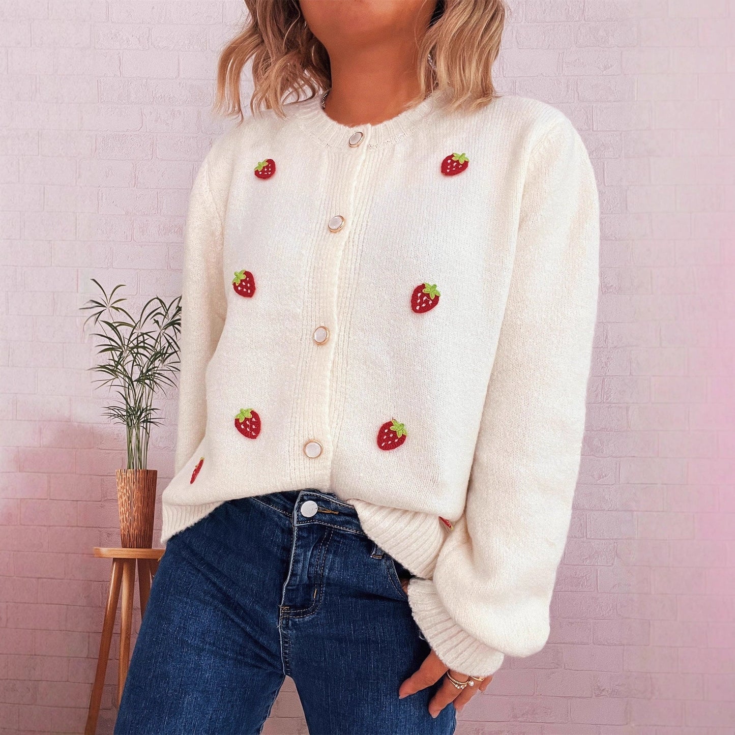 Damen Strickjacke Erdbeerdesign