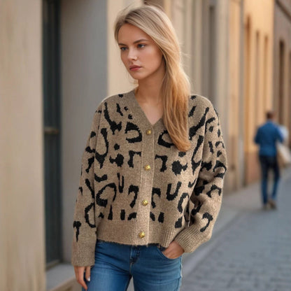 Damen Strickjacke Animalmuster Goldknöpfe Beige