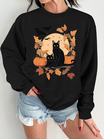 Damen Sweatshirt Herbstlich Katzen Kürbis Design Eveloria
