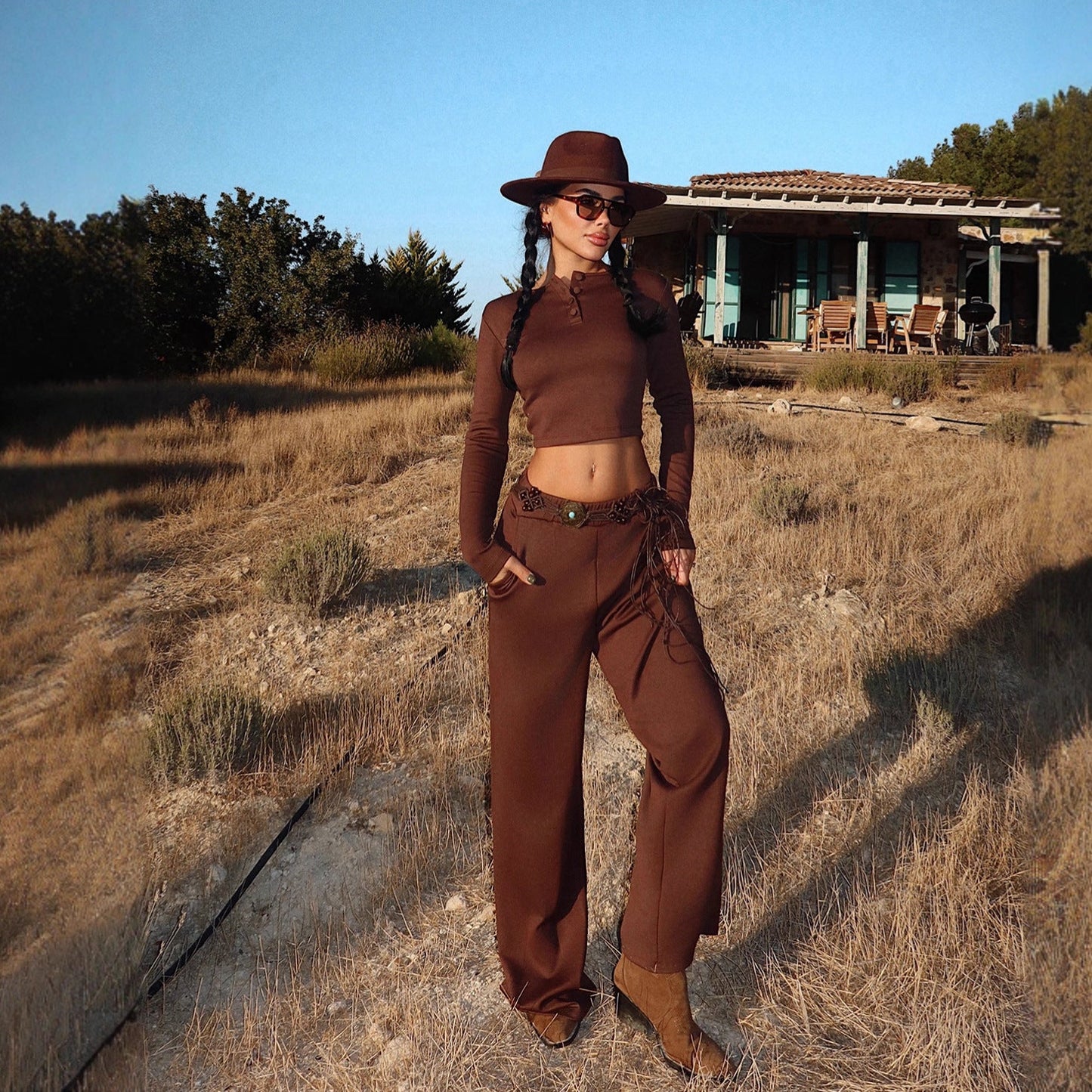 Damen Cropped und weite Hose mit Knöpfen