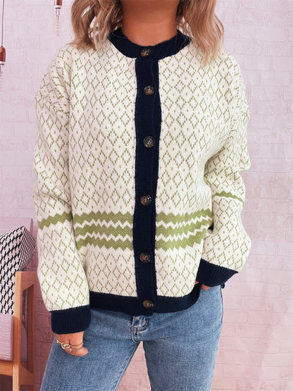 Damen Strickjacke Geometrisches Muster Elegante Knöpfe Eveloria