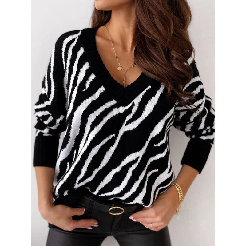Damen Strickpullover Zebra-Muster V-Ausschnitt Eveloria
