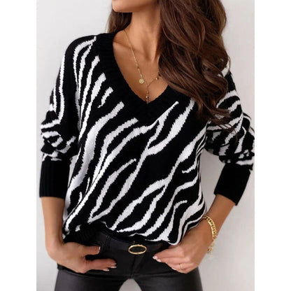 Damen Strickpullover Zebra-Muster V-Ausschnitt Eveloria