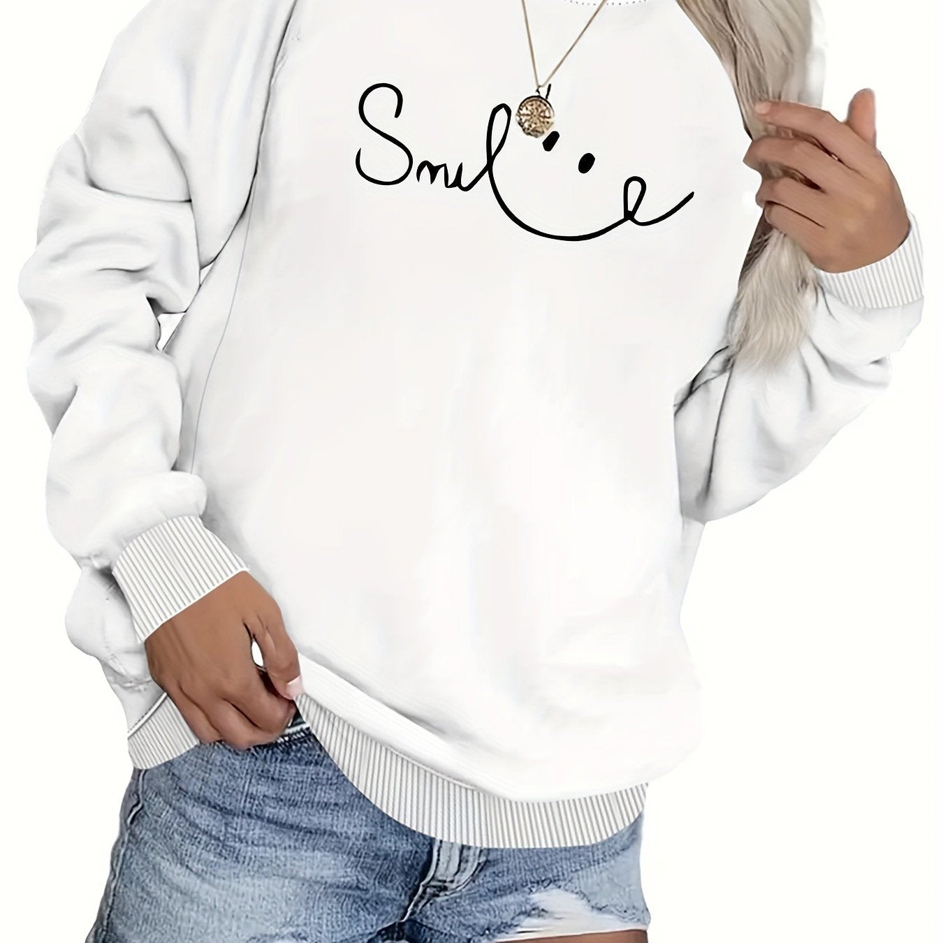 Damen Sweatshirt Lässiger Schriftzug Baumwolle Beige