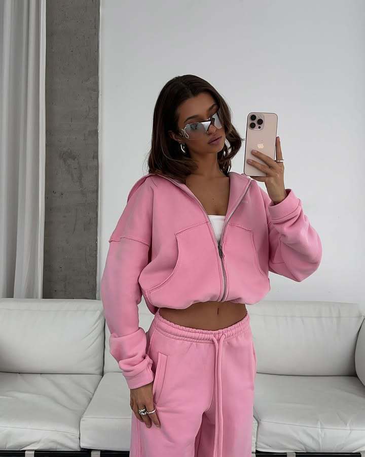 Damen Oversize Hoodie Jogginghose Set Baumwolle Beige