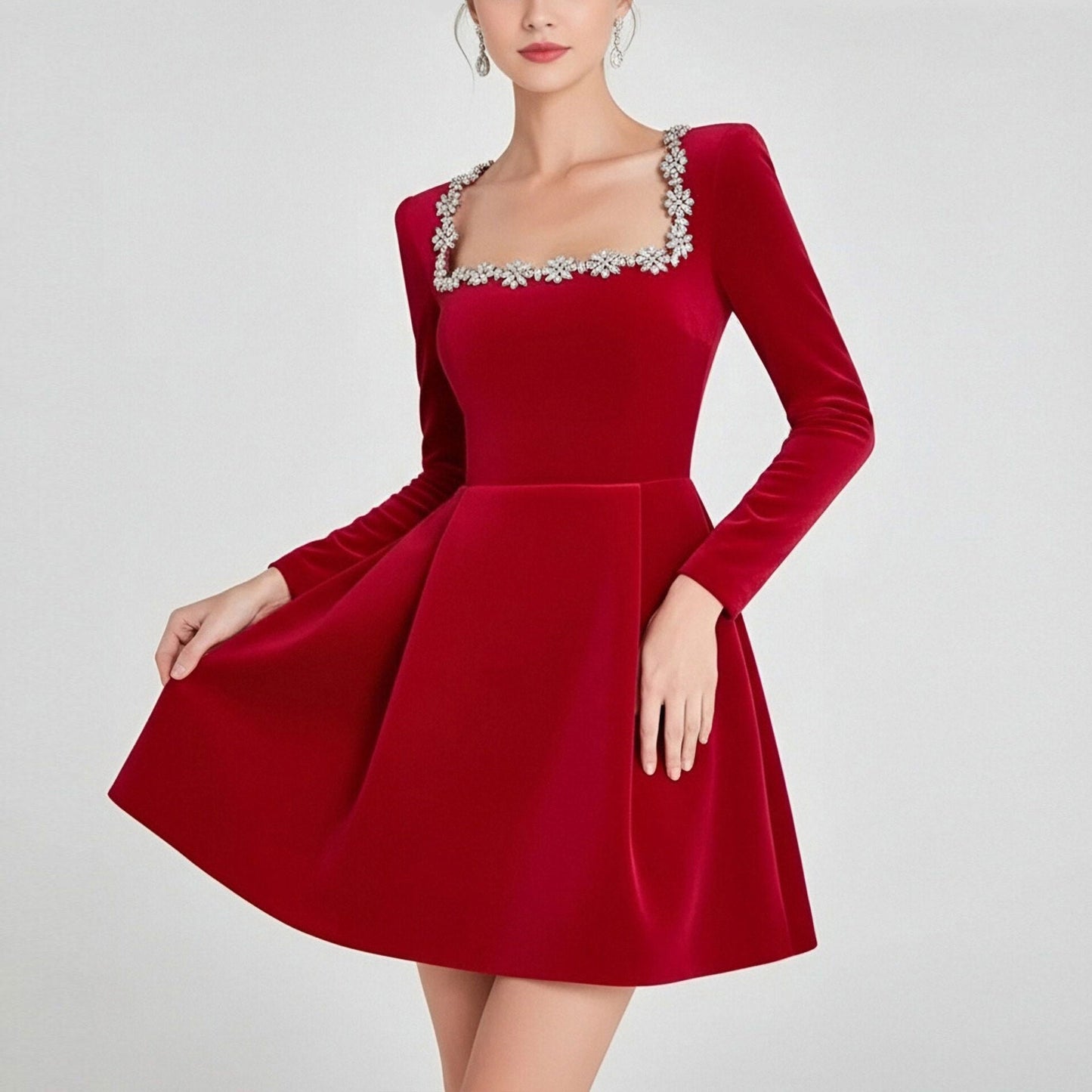 Damen Cocktailkleid Quadratischer Ausschnitt Kristallbesatz Eveloria