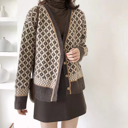 Damen Grobstrickjacke Geometrische Muster Knöpfe Beige