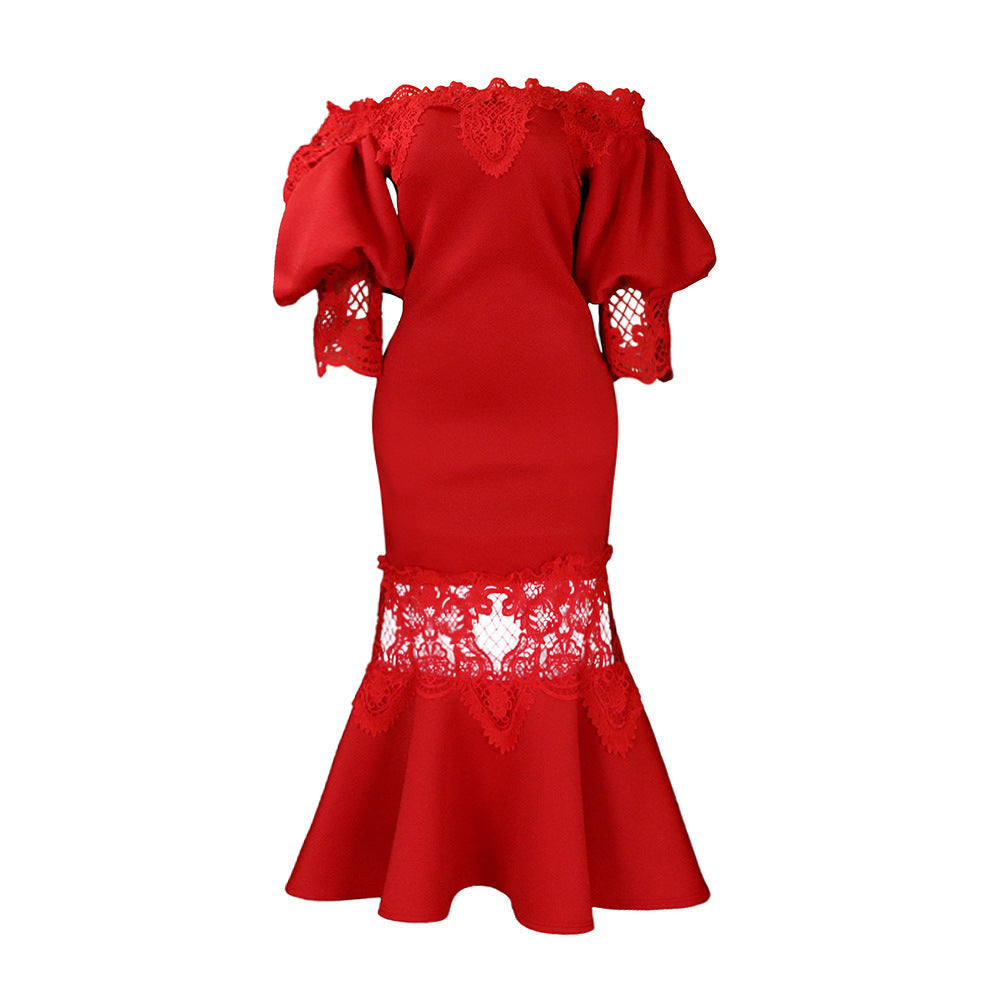 Eveloria Damen Spitzenkleid Meerjungfrauenschnitt Voluminöse Ärmel
