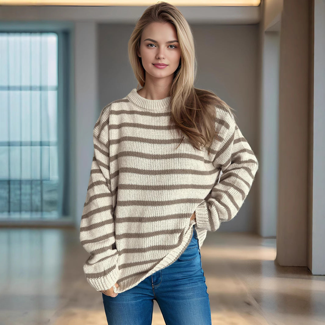Damen Strickpullover Oversized Breite Streifen Beige - Eveloria