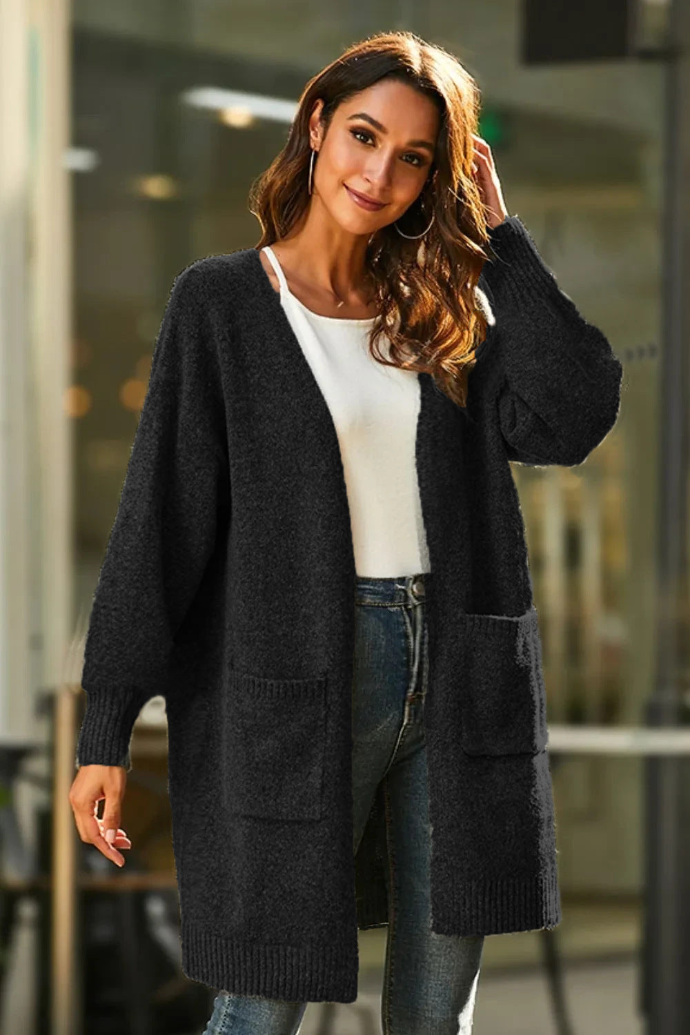 Damen Grobstrick Cardigan mit Taschen und weiten Ärmeln Beige
