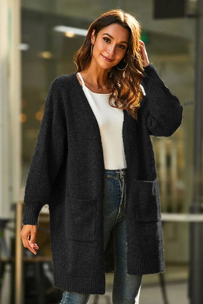 Damen Grobstrick Cardigan mit Taschen und weiten Ärmeln Beige