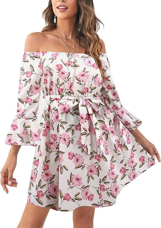 Damen Off-Shoulder Kleid Bunt Muster Eveloria