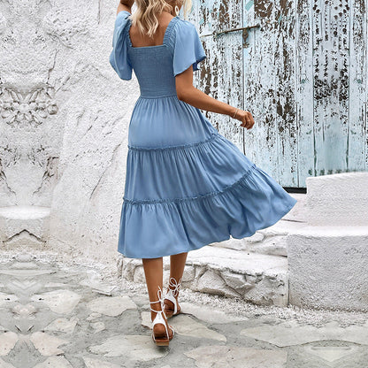 Damen Midi-Kleid Rüschen-Saum Schimmer-Obermaterial Eveloria