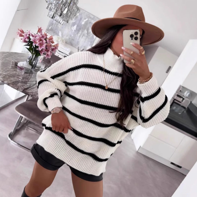 Damen Strickpullover locker mit Streifenmuster und hohem Kragen