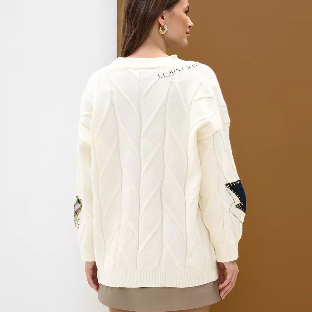 Damen Strickjacke Bunt Applikationen Taschen Eveloria