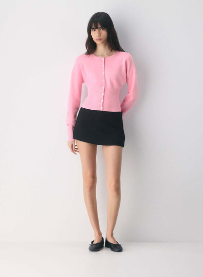 Damen Strickjacke Cropped Rippstrick mit Knöpfen Beige
