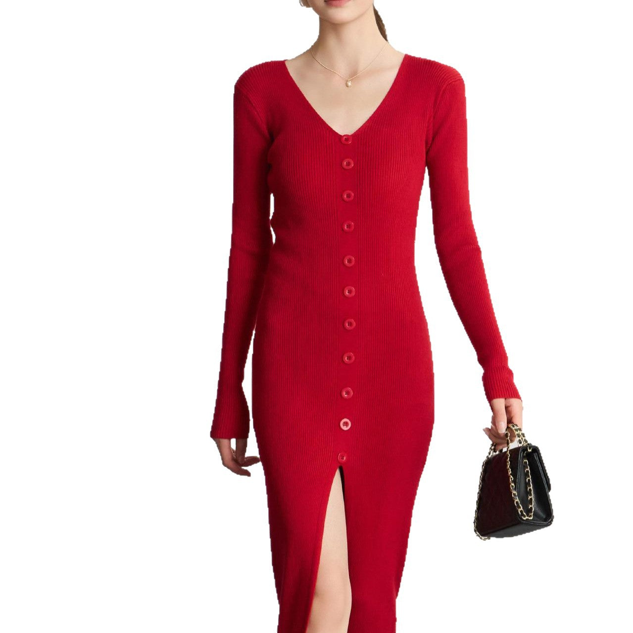 Damen Langarm Strickkleid V-Ausschnitt Durchgehende Knopfleiste