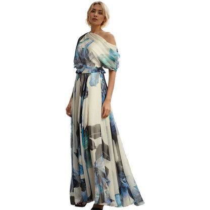 Damen Chiffon-Kleid Schulterfrei Floralmuster Eveloria