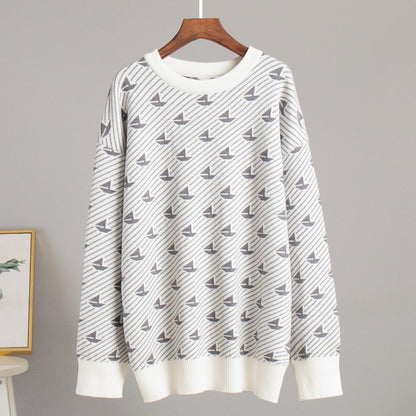 Damen Oversized Pullover Baumwolle Gemustert Beige