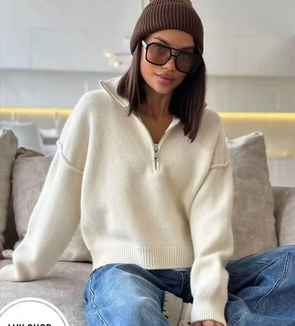 Damen Oversized Pullover Hohler Kragen Reißverschluss Eveloria