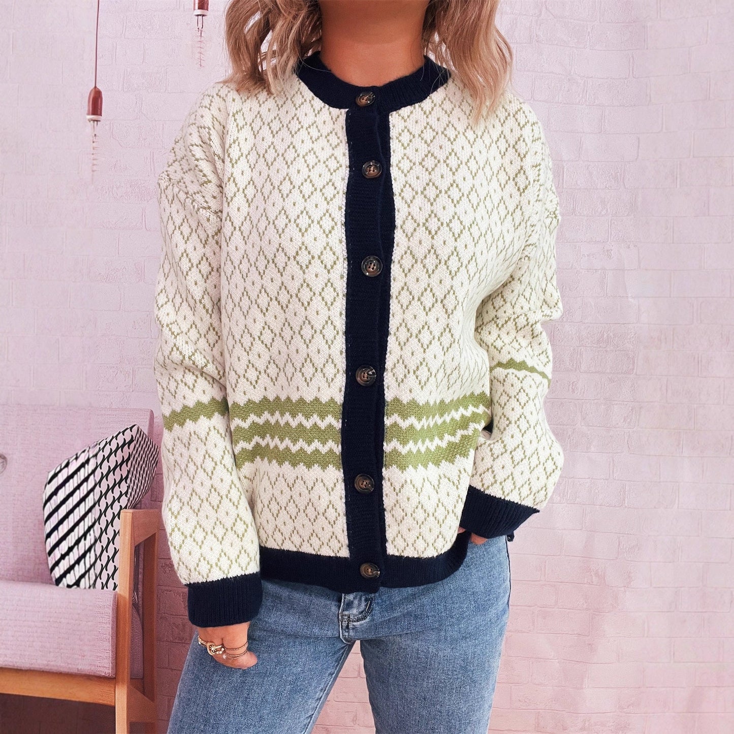 Damen Strickjacke Geometrisches Muster Elegante Knöpfe Eveloria