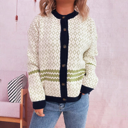 Damen Strickjacke Geometrisches Muster Elegante Knöpfe Eveloria