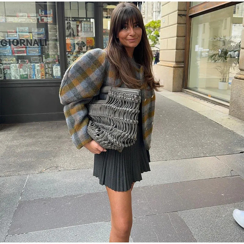Damen Karojacke Voluminöse Ärmel Eveloria