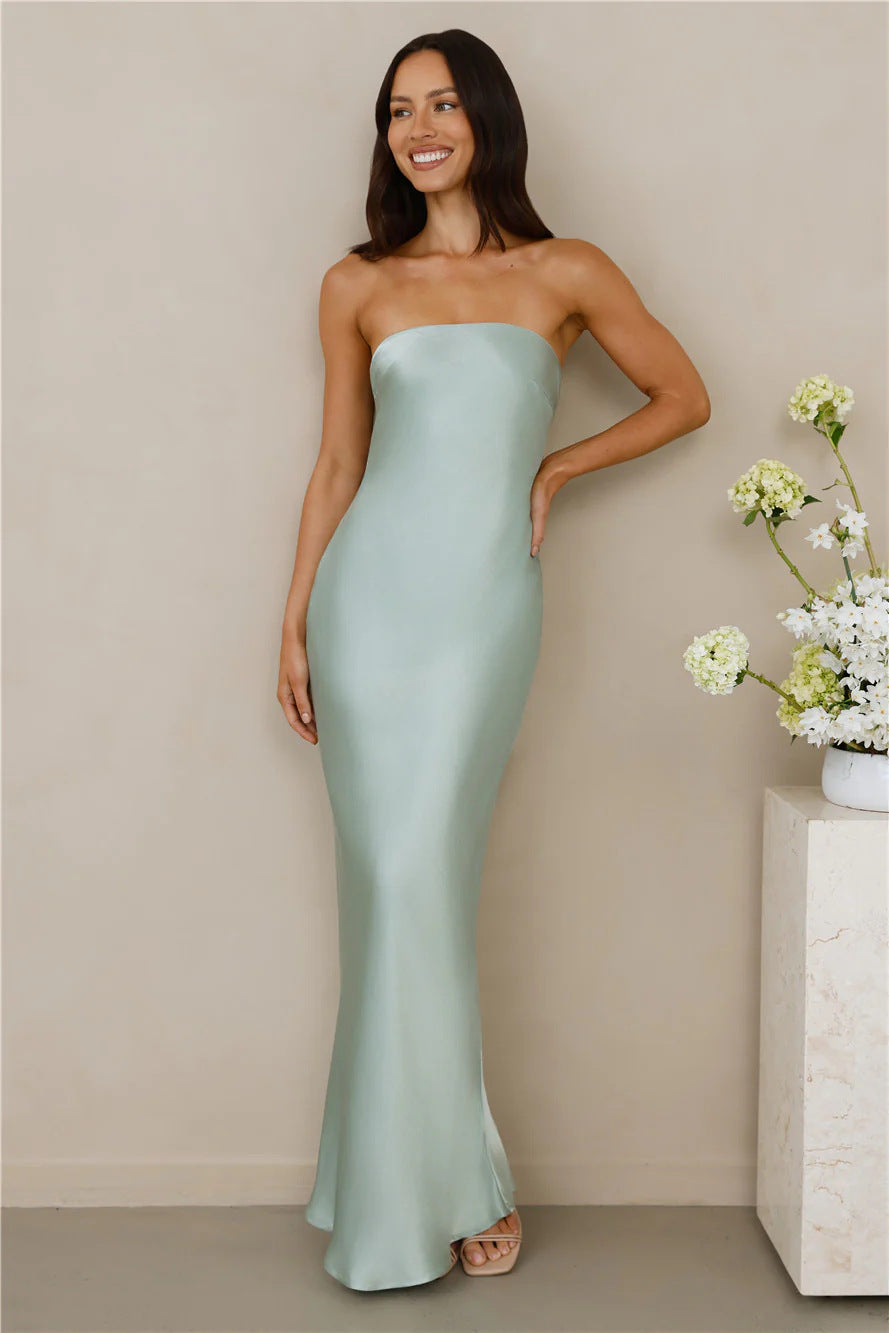 Damen Schulterfreies Maxikleid Satinoptik Elegant Eveloria