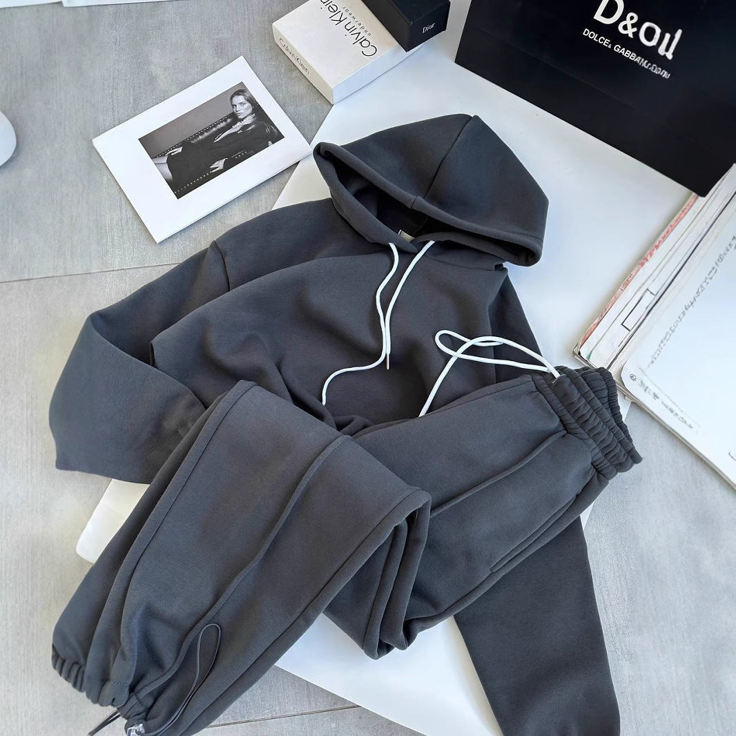 Damen Hoodie Jogginghose Set Baumwolle Bequem Grau