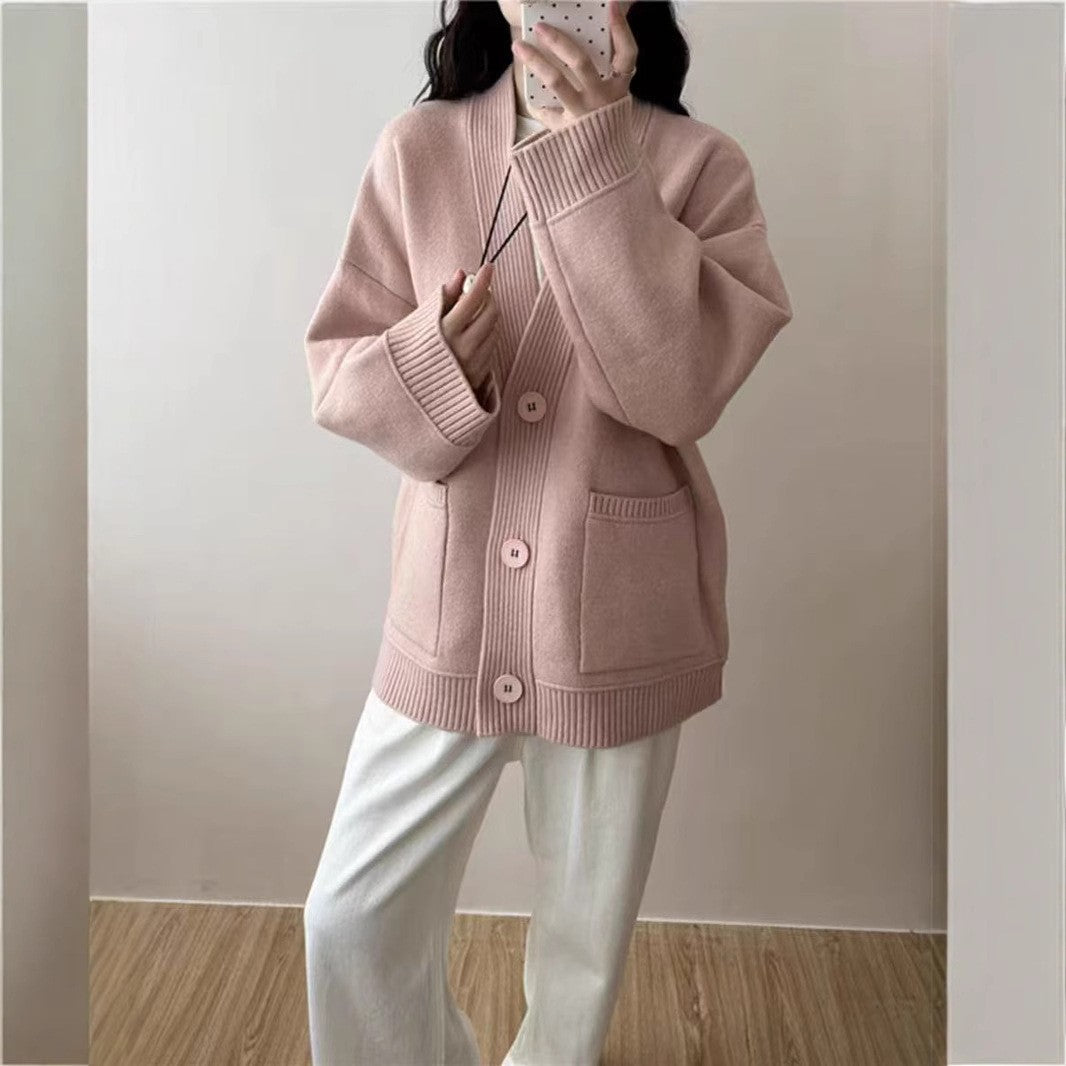 Damen Strickjacke V-Ausschnitt mit Taschen