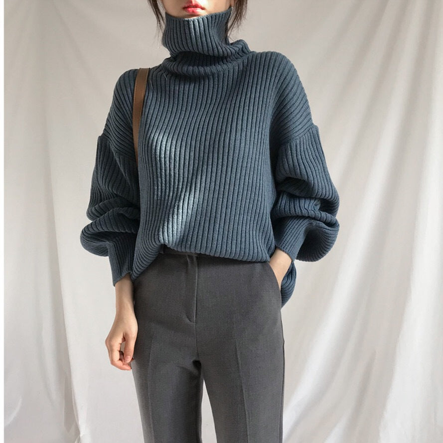 Damen Grobstrickpullover Hoher Kragen Voluminöse Ärmel