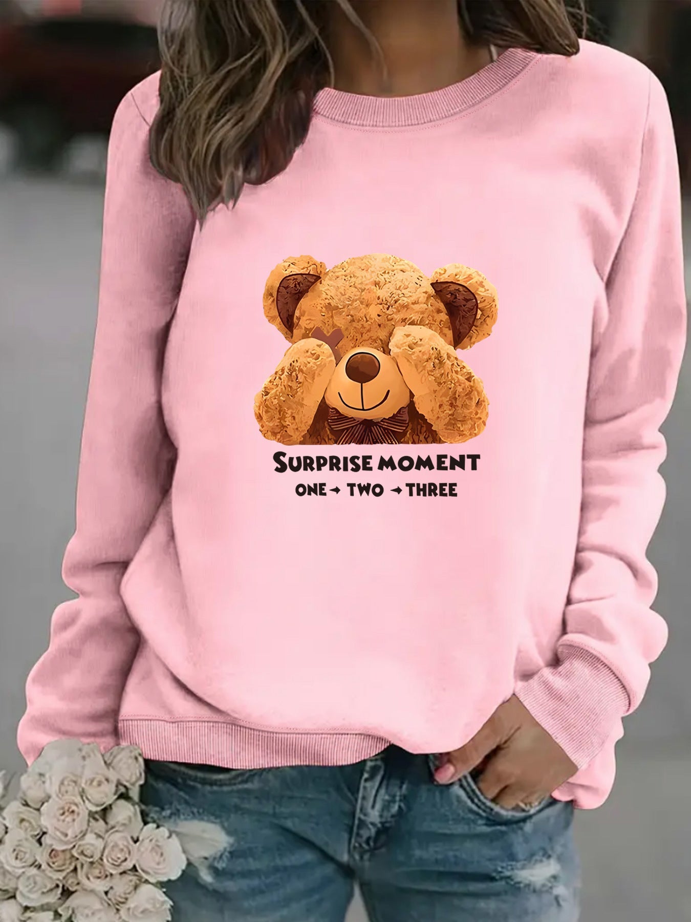 Damen Sweatshirt Bärenmotiv Baumwolle Weiß