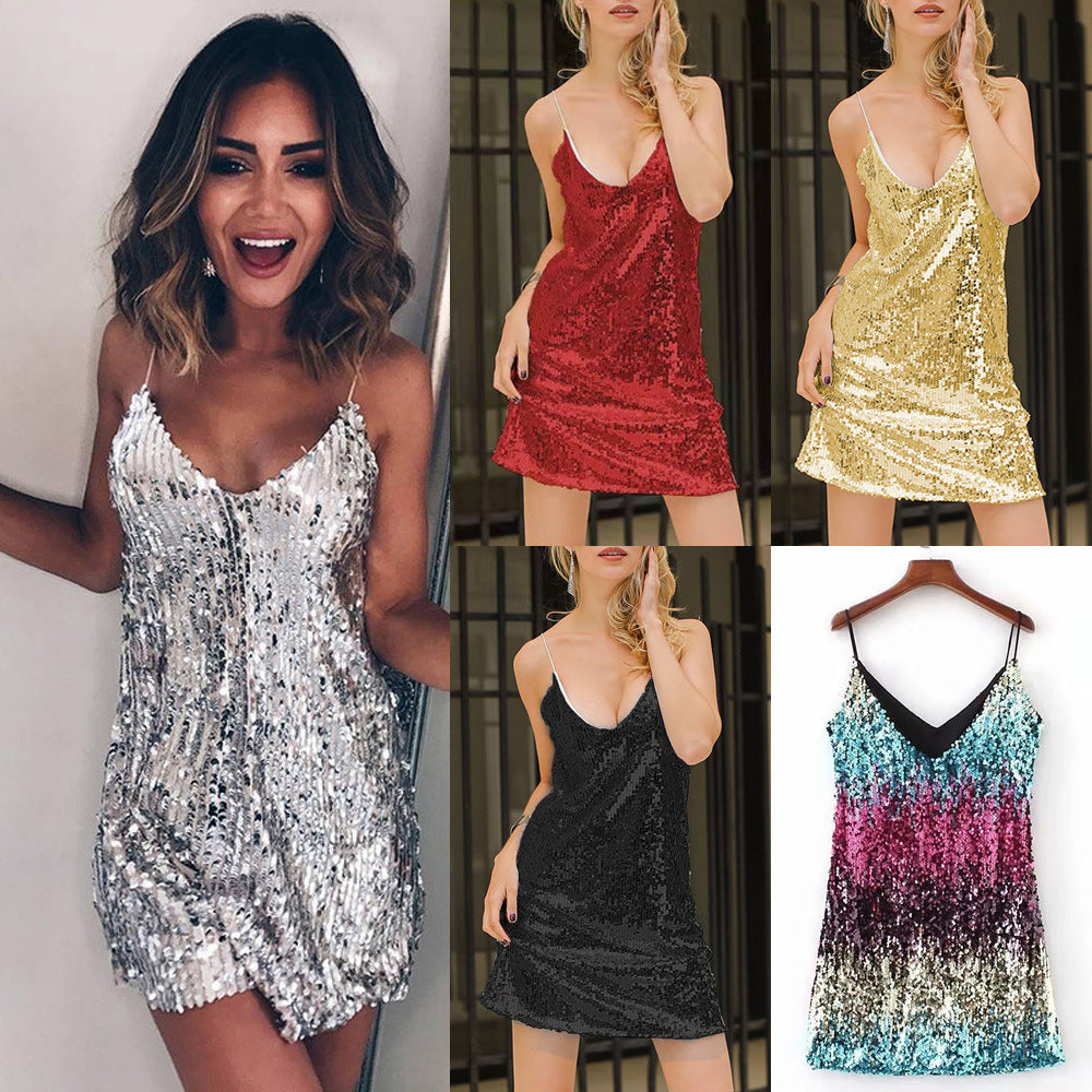 Damen Minikleid Glitzernd Spaghettiträger Raffinierter Schnitt - Eveloria