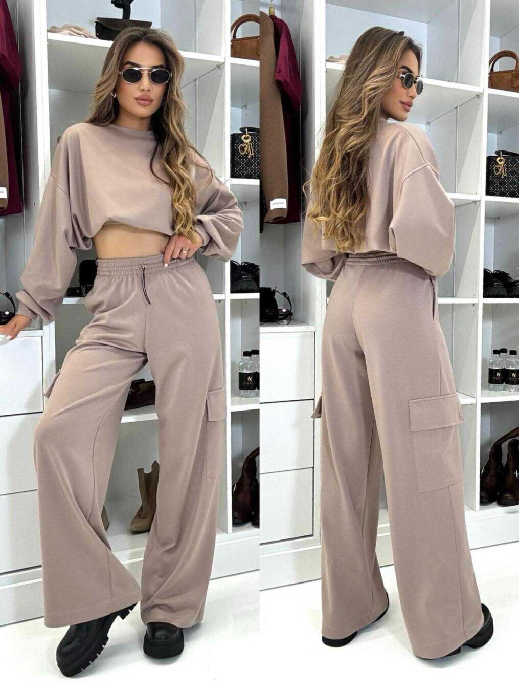 Damen Cargo-Loungewear-Set Cropped Oberteil Weite Hose Eveloria