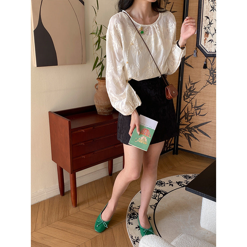 Damen Bluse Puffärmel Raffinierter Stoff Eveloria