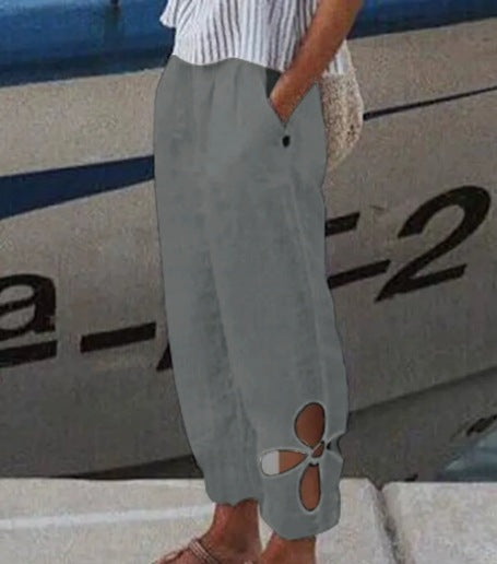 Damen Palazzo-Hose Florale Ausschnitte Baumwolle Beige