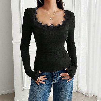 Damen Langarmshirt Spitzenrand Figurbetonter Stil