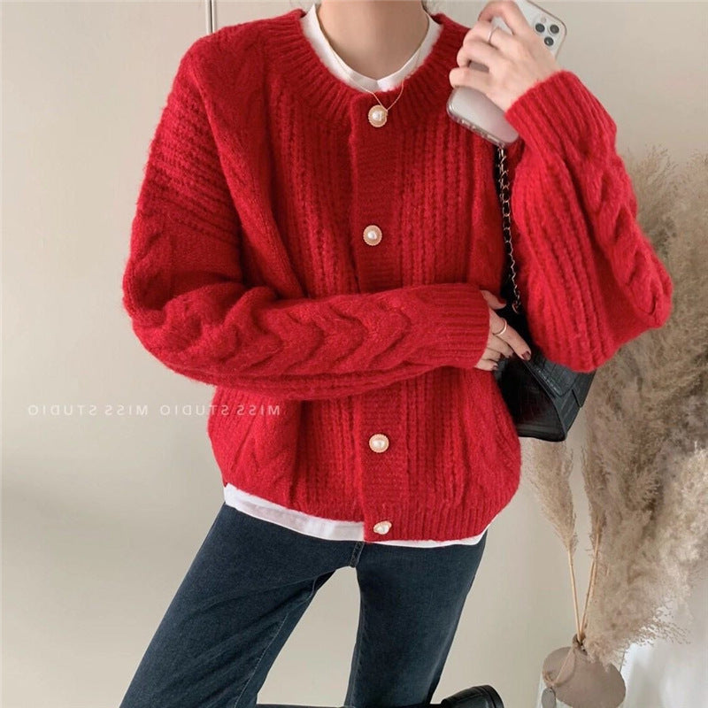 Damen Strickcardigan Kuschelig Perlenknöpfe Beige