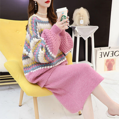 Damen Strickpullover Bunt Blockmuster Voluminöse Ärmel Eveloria