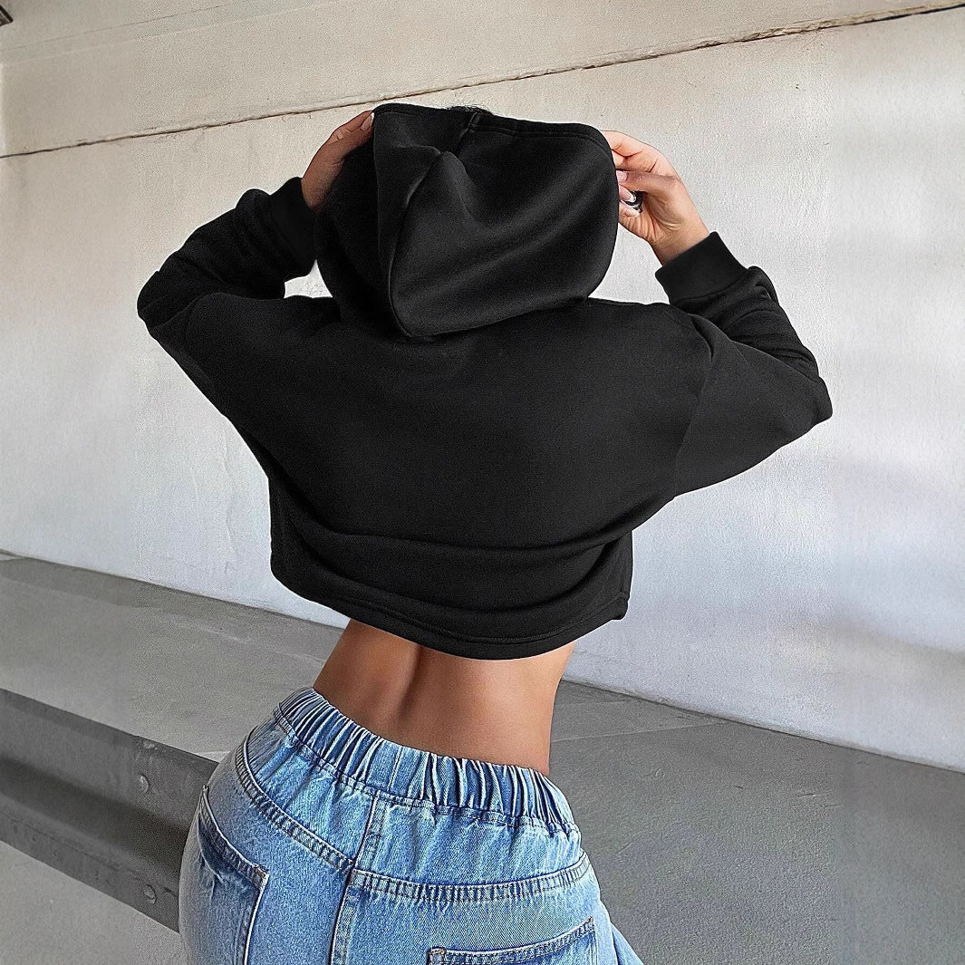 Damen Cropped Sweatshirt Locker Kapuze Grau Eveloria