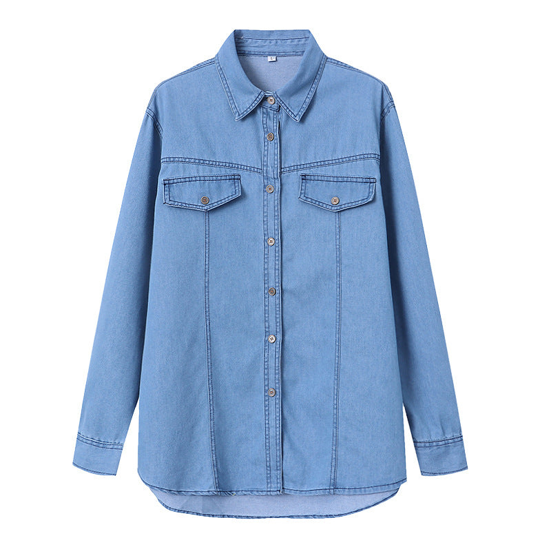 Damen Denim-Hemdjacke Lässig Aufgesetzte Taschen Blau Eveloria