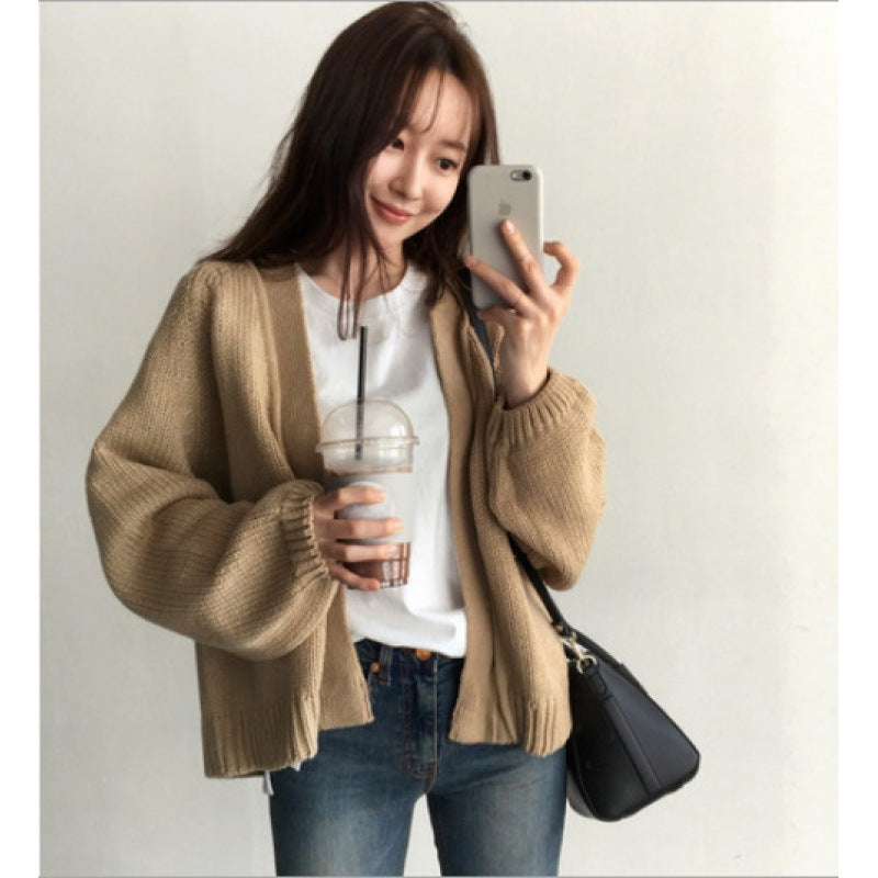 Damen Strickjacke Weite Ärmel Offener Schnitt Beige Eveloria - Eveloria