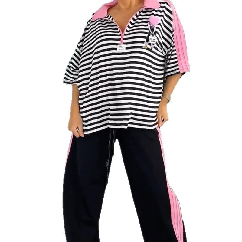 Damen Freizeitset mit Streifen Oberteil und Jogginghosen